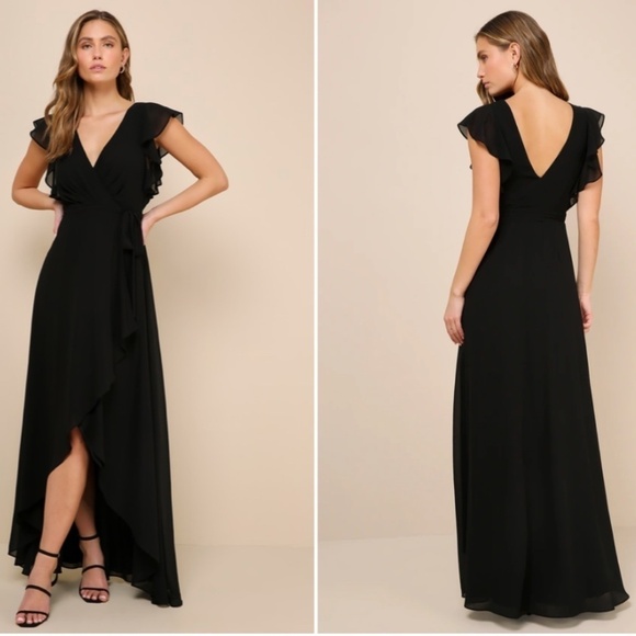 LULU's Prom Wedding Bridesmaid Elegant Romantic Ruffles Wrap Maxi Dress - Picture 4 of 4